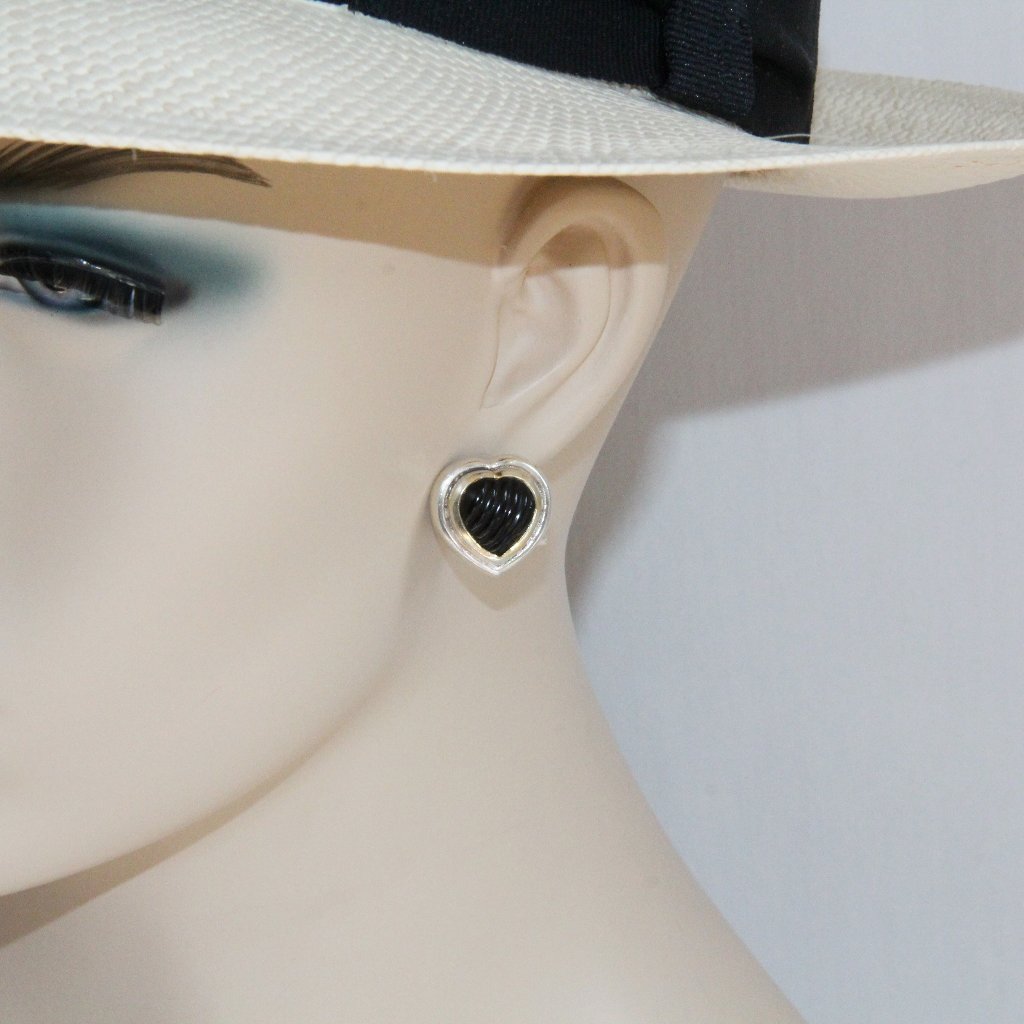 Sterling Silver Black Onyx Heart Omega Earrings 59$